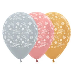 AMSCAN Sempertex 30cm Merry Christmas Snowflakes Metallic Silver, Rose Gold & Gold Latex Balloons, 25PK Pack Of 25