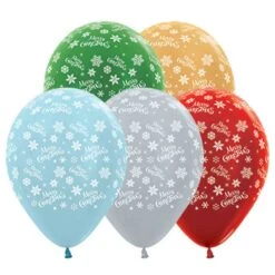 AMSCAN Sempertex 30cm Merry Christmas Snowflakes Satin Pearl & Metallic Assorted Latex Balloons, 25PK Pack Of 25