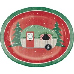 AMSCAN Christmas Campers Oval Plates 25cm X 30cm Pack Of 8
